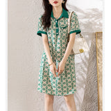 Elegant Print Polo Collar Dresses  Women Summer Casual Short Sleeve Loose Chic Midi Dress MartLion   