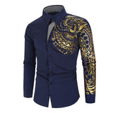 Men's Shirt Luxury Gold Long Sleeve Shirt White Black Dress Prom Social Print Mart Lion Navy blue S 