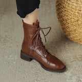 Winter Retro Women Boots Lace Up Chelsea Round Toe Shoes Short Genuine Leather Western MartLion   