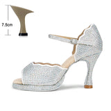 All Diamond Shining Latin Dance Shoes Women's Party Dancing Sandals Summer High Heel Jazz Tango Waterproof MartLion Silver heel 7.5cm 45 