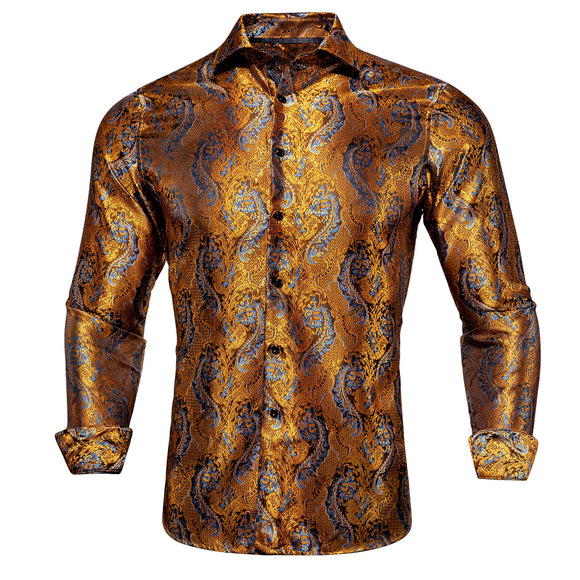 Silk Gold Beige Brown Orange Men's Shirts Long Sleeve Single Breasted Lapel Jacquard Shirt Blouse Outerwear Wedding Gift MartLion CY-1005 S 