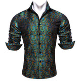 Barry Wang Men's Shirts Black Floral Silk Embroidered Long Sleeve Slim Causal Turn Down Breathable Colorfast Clothing Tops MartLion   