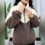 Women Jacket Colored Thickened Lamb Fleece Long Sleeve Mid Length Overcoat Warm Topcoat Top Winter MartLion Coffee XXL 