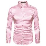 Summer White Silk Satin Shirts Men's Short Sleeve Slim Fit Party Wedding Tuxedo Shirt Casual Button Down MartLion A35 pink US size S 