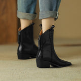 Women Boots Genuine Leather Western Shoes Pointed Toe Chunky Heel Chelsea Retro MartLion   