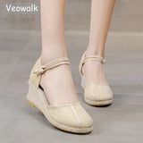 Patchwork Women Linen Cotton 6cm High Wedge Espadrilles Sandals Summer Elegant Ladies Ankle Strap Closed Toe Hemp Shoes MartLion   