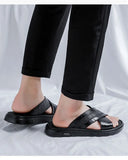 Slippers for Men's Summer Designer Beach Shoes Solid Color Genuine Leather Flip Flops MartLion   