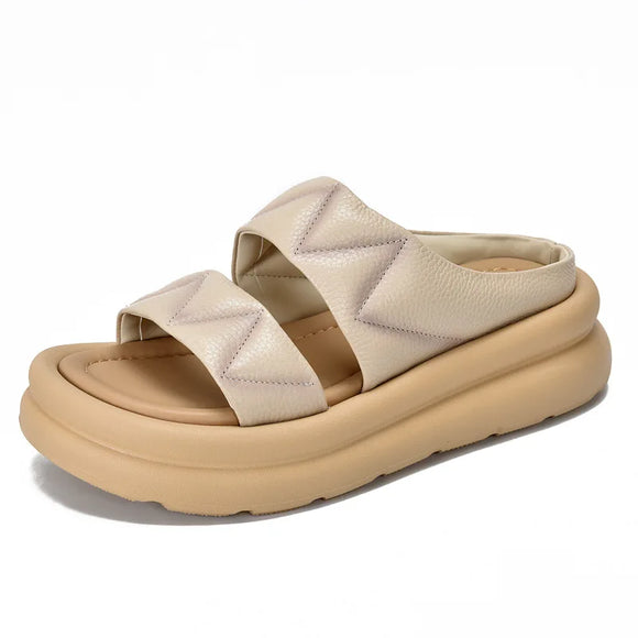 Summer platform slippers women's leather outdoor open-toe soft cowhide bread shoes MartLion Beige 40 