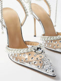 Luxury Rhinestones Pearls Transparent PVC Women Pumps Ankle Strap Bridal Thin High heels Summer Wedding Party Shoes MartLion   