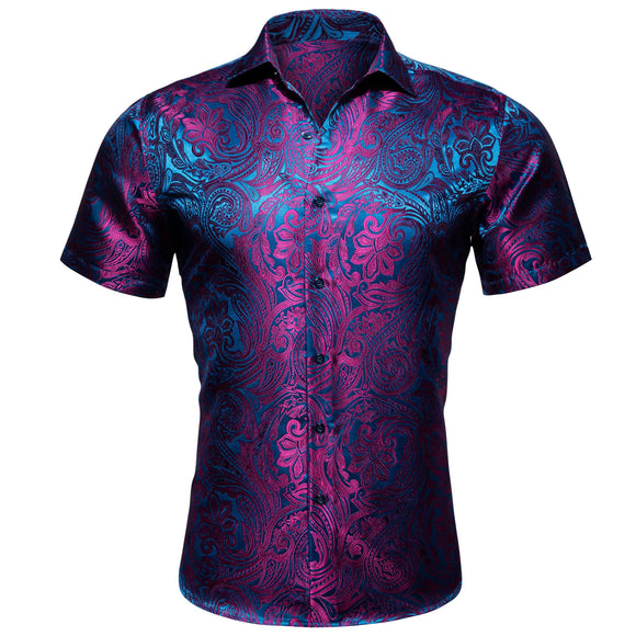 Barry Wang Luxury Purple Floral Men's Summer Silk Casual Shirt Stylish Lapel Pattern Short Sleeve Shirt Blouse Fit