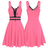 Women Plus Size Cool Solid Hem Sleeveless Camisole Mini Dress Gothic punk style sleeveless strap dress MartLion Pink L 