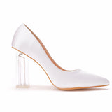 White Women Block Transparent 9 cm High Heels Lady Satin Clear Pumps Wedding Dress Silk Shoes MartLion   