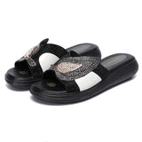 4cm Synthetic Rhinestone Bling Genuine Leather Breathable Summer Chunky Slippers High Platform Wedge Casual Shoes MartLion WHITE 42 