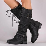 Women Knee Boots Winter Lace Up Flat Shoes  Retro Buckle women shoes Ladies Snow Boots MartLion black 39 