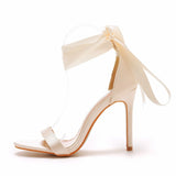 Fish Mouth High Heel Strap Sandals Beautiful Ribbon Silk Fabric High Heel Women's Shoes Banquet Wedding Dress MartLion   