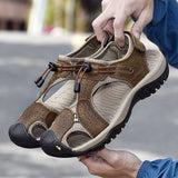 Men's Beach Sandals Genuine Leather Outdoor Shoes Wading Breathable Casual Flats Mart Lion   