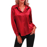 Women Shirts Silk Solid Plain Purple Green White Black Red Blue Pink Yellow Gold Blouses Long Sleeve Tops Barry Wang MartLion   