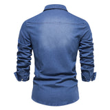 Brand Elastic Cotton Denim Shirt Men's Long Sleeve Cowboy Shirts Casual Slim Fit Designer Clothing MartLion   