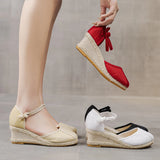 Patchwork Women Linen Cotton 6cm High Wedge Espadrilles Sandals Summer Elegant Ladies Ankle Strap Closed Toe Hemp Shoes MartLion   