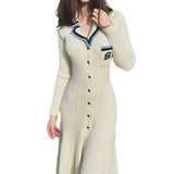 Elegant Slim Knitted Long Dress Women's Letter Single Breasted Long Sleeved MartLion   