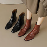 Winter Genuine Leather Low-heeled Women's Boots Retro Short Square Toe Leather Shoes MartLion   