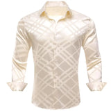 Luxury Shirts Men's Silk Satin Beige Plaid  Long Sleeve Slim Fit Blouses Trun Down Collar Tops Breathable Clothing MartLion   