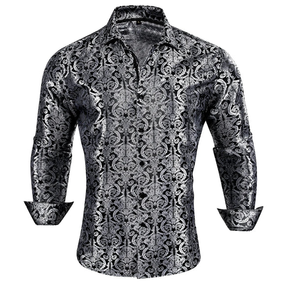  Luxury Silk Shirts Men's Black Silver Paisley Embroidered Spring Autumn Blouses Regular Slim Fit Breathable MartLion - Mart Lion