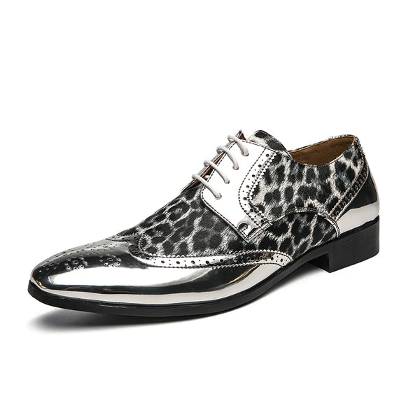 Classy Gold Leopard Derby Leather Men's Shoes Luxury  Brogue Lace-up Pointed Wedding Party Stage Casual MartLion   