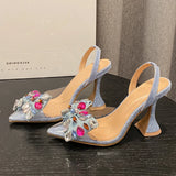 Eilyken Denim Bowknot Crystal Pumps Pointed Toe High Heel Women Sandals Prom Party Spring Shoes MartLion Blue 35 