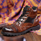 Men's Boots Autumn Spring Leather Round Toe Vintage Crocodile Pattern Shoes Leisure High Top Mart Lion   