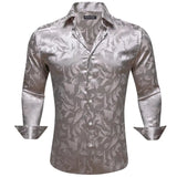 Luxury Shirts Men's Silk Satin Silk Gray Leaves Long Sleeve Blouses Casual Lapel Tops Breathable Streetwear Barry Wang MartLion 0730 S 