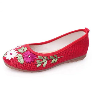 Women Flower Flats Slip On Cotton Fabric Casual Shoes Round Toe Flat MartLion Red 40 