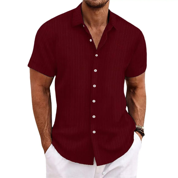 Cross-border men's linen striped jacquard casual loose short-sleeved shirt MartLion Deep red L 