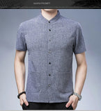 Men's Short-sleeved Seasonal Shirt with Stand Collar Linen Casual Daily Large Pocket Stand Collar Half Sleeve Shirt MartLion   