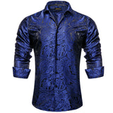 Luxury Blue Black Paisley Silk Shirts Men's Long Sleeve Wedding Party Prom Tuxedo Dress Casual Designer Clothing MartLion   