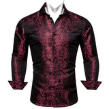 Silk Shirts Men's Red Burgundy Paisley Flower Long Sleeve Slim Fit Blouse Casual Lapel Clothes Tops Streetwear Barry Wang MartLion   