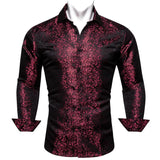 Silk Shirts Men's Red Burgundy Paisley Flower Long Sleeve Slim Fit Blouse Casual Lapel Clothes Tops Streetwear Barry Wang MartLion 0653 L 
