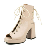 Women Shoes High Heels Open Toe Gladiator Sandals Serpentine PU Leather Comfort Square Thick Sole Platform Mart Lion Beige 34 
