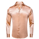 Hi-Tie Plain Satin Silk Men's Dress Shirts Long Sleeve Suit Shirt Casual Formal Blouse Pure Solid Rose Gold Peach Pink Mint White MartLion CY-1514 S 