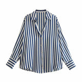 Women Satin Blouses Button Down Tops Long Sleeve Casual Office Work Shirt V-Neck Loose T-Shirt Female Vintage Y2K Clothing MartLion S Blue Stripe 