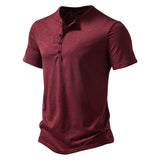 Summer T Shirt Men's Henley Collar White Short Sleeve Casual Slim Tops Tees Solid Color Mart Lion wine red S 