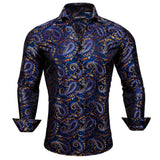 Elegant Men's Shirts Silk Long Sleeve Blue Flower Slim Fit Casual Lapel Tops Breathable Single Breasted Barry Wang MartLion