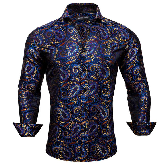 Luxury Silk Men's Shirts Long Sleeve Silk Blue Gold Red Paisley Spring Autumn Slim Fit Blouses Casual Lapel Tops Barry Wang MartLion 0461 S 
