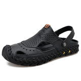 Men's Summer Sandals and Slippers Genuine Leather Adult Thick-soled Beach Shoes Non-slip MartLion Black 46 
