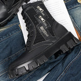 Autumn Men's Ankle Boots Punk Rock Mesh Leather Chain Round Toe Breathable Motorcycle Party Casual Shoes Mart Lion   