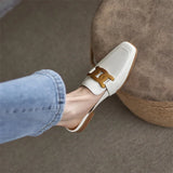 Spring Summer Women Shoes Square Toe Pumps Solid Cow Leather Low Heel Mules Metal Button Slipper Mules MartLion   