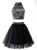 Royal Blue Cocktail Dresses Mini Two Pieces Girl Party Wear Black Homecoming Dresses Crystal Beaded Graduation Robe De Soiree MartLion   