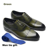 Black Blue Brown Green Men's Formal Social Shoes Genuine Leather Round Cap Toe Oxfords Wedding Dress MartLion Green EUR 40 