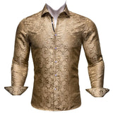 Designer Men's Shirts Silk Gold Embroidered Paisley Flower Long Sleeve Casual Blouses Slim Fit Clothing Lapel Tops Barry Wang MartLion 0068 S 