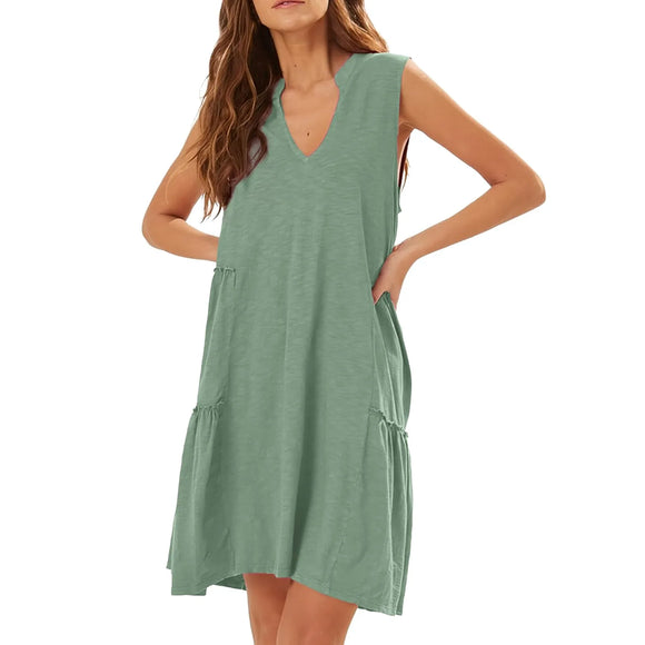  Casual Dresses Delicate Casual Print Knee-Length Summer Women V-Neck Sleeveless Frocks MartLion - Mart Lion